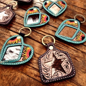 Genuine cowhide & tooled leather key chain - in 2 styles - Cattle tag or Heart shape - key ring