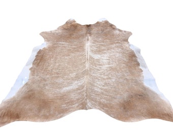 Beige/taupefarbener und weiß gestromter Teppich aus echtem Rindsleder in XL-Größe | Rindslederteppich mit einem atemberaubenden beigefarbenen Streifenmuster
