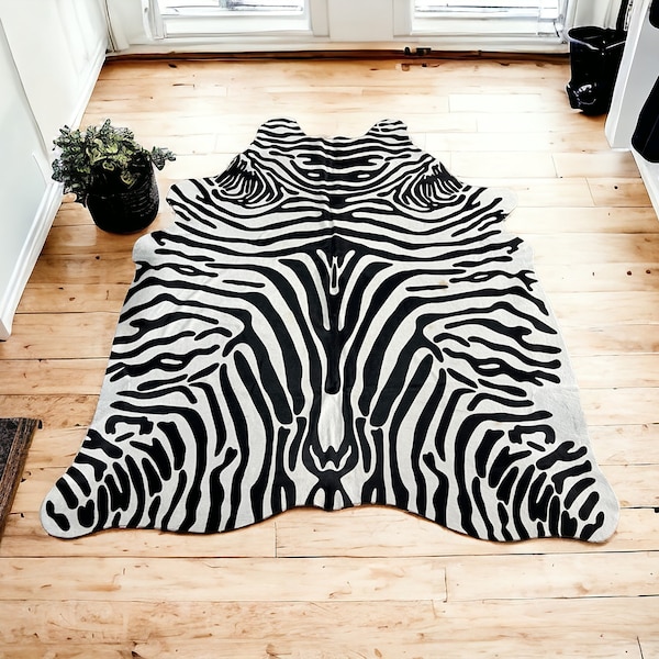 Cowhide rug | Cowhide stenciled with black and white zebra print pattern