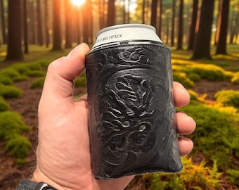 Genuine leather tooled beer can cooler | Drinks Coozie | Groomsman Gift