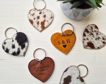 Customisable genuine cowhide and leather double-sided heart-shaped key ring / key chain / bag charm
