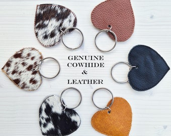 Customisable genuine cowhide and leather double-sided heart-shaped key ring / key chain / bag charm