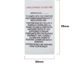 Red sew-in fabric fire labels / Carelessness Causes Fire Sew-in Label