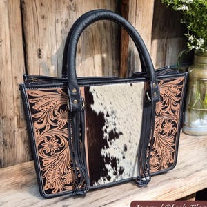 Sac fourre-tout de style occidental en cuir de vachette véritable et cuir repoussé