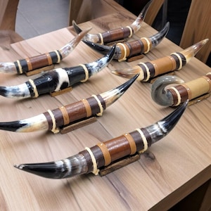 May include: A selection of drinking horns, each made from natural horn. They feature leather and rope detailing around the horn. The horns display a range of colours, including black, brown, and cream. They are displayed on small wooden bases.