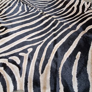 Pode incluir: Um grande tapete com listras de zebra com textura de pele natural. O tapete apresenta listras pretas e brancas arrojadas, criando um padr&atilde;o marcante. A pele parece ser costurada no centro. O tapete &eacute; adequado para uma sala de estar ou quarto.