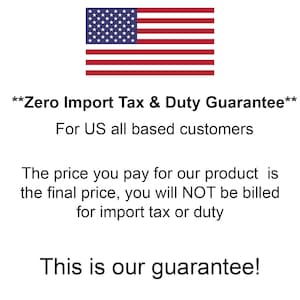 K&ouml;nnte beinhalten: Eine amerikanische Flagge in Rot, Wei&szlig; und Blau mit Sternen. Der Text lautet: "Zero Import Tax & Duty Guarantee" F&uuml;r alle Kunden mit Sitz in den USA. Der Preis, den Sie f&uuml;r unser Produkt bezahlen, ist der Endpreis, Sie werden NICHT f&uuml;r Einfuhrsteuer oder Zollgeb&uuml;hren in Rechnung gestellt. Das ist unsere Garantie!