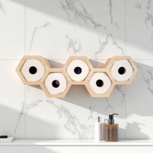 Sechseckiger Toilettenrollenhalter aus massivem Kiefernholz CNC-Schnitt | Badezimmer-Aufbewahrungs-Organizer | Rustikaler Toilettenpapierhalter | Badezimmer Dekor
