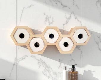 六角形のパイン材製トイレットペーパーホルダー｜素朴なバスルームオーガナイザー