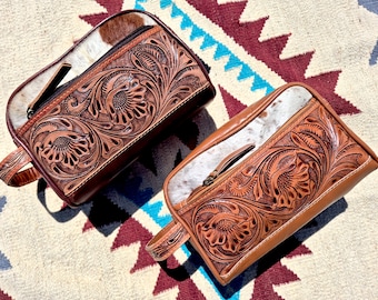 Western-style genuine cowhide and tooled leather wash bag | toiletries bag | makeup bag