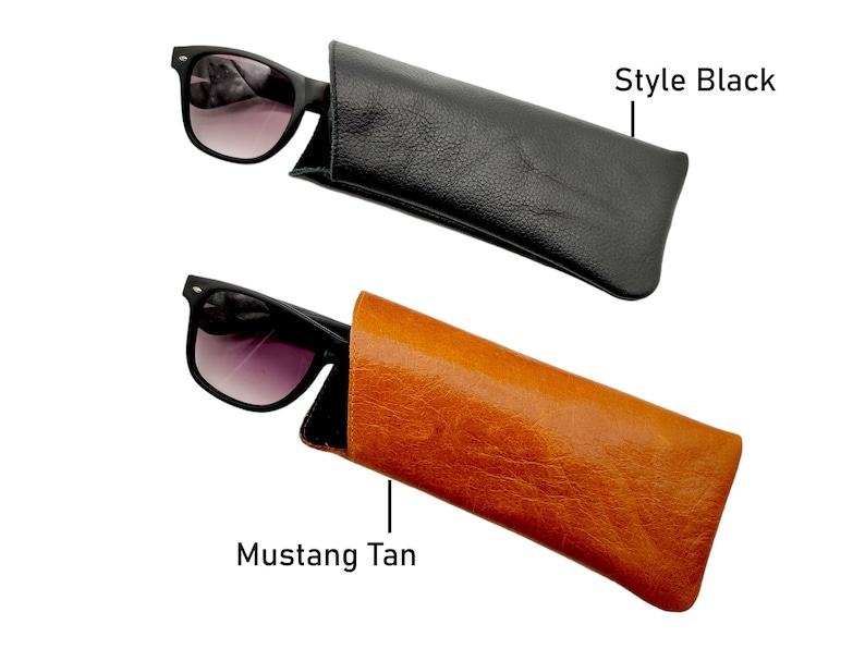 May include: Two leather sunglass cases, one black and one brown. The black case has the text "Style Black" above it. The brown case has the text "Mustang Tan" below it.