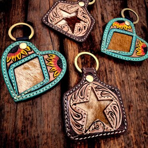 Genuine cowhide & tooled leather key chain - in 2 styles - Cattle tag or Heart shape - key ring