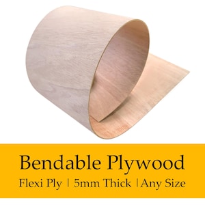May include: A rolled sheet of bendable plywood, showing a light wood grain. The image includes the text: "Bendable Plywood, Flexi Ply | 5mm Thick | Any Size."