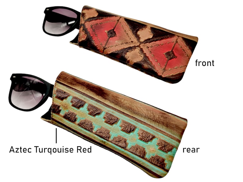 May include: A leather sunglasses case with a geometric pattern. The front of the case has a red and brown pattern, while the back has a turquoise and brown pattern. The text "Aztec Turquoise Red" is visible below the case.