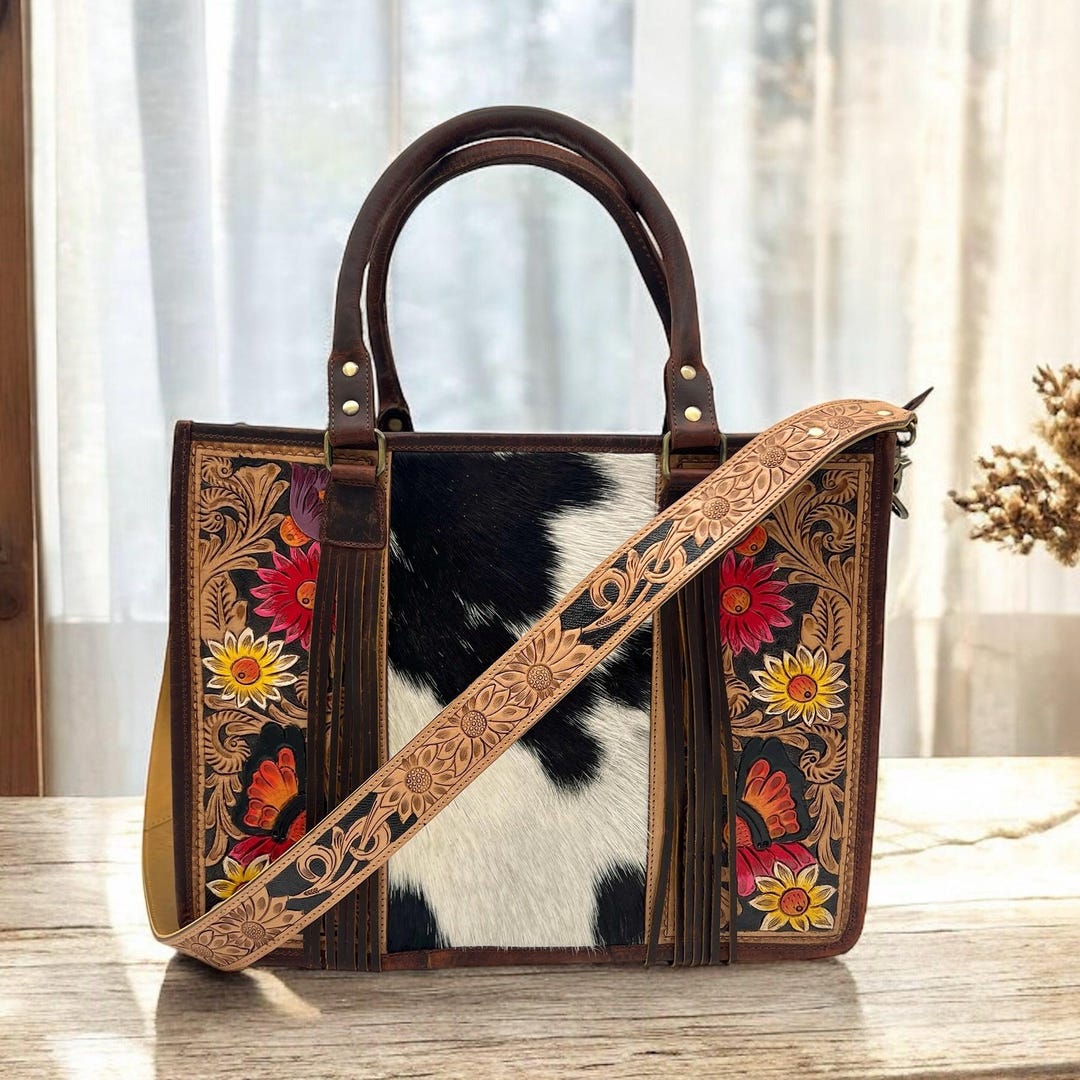Large Cowhide Leather Briefcase Bag – Street Trend Tote with Flap & Contrast Stitching main image 1