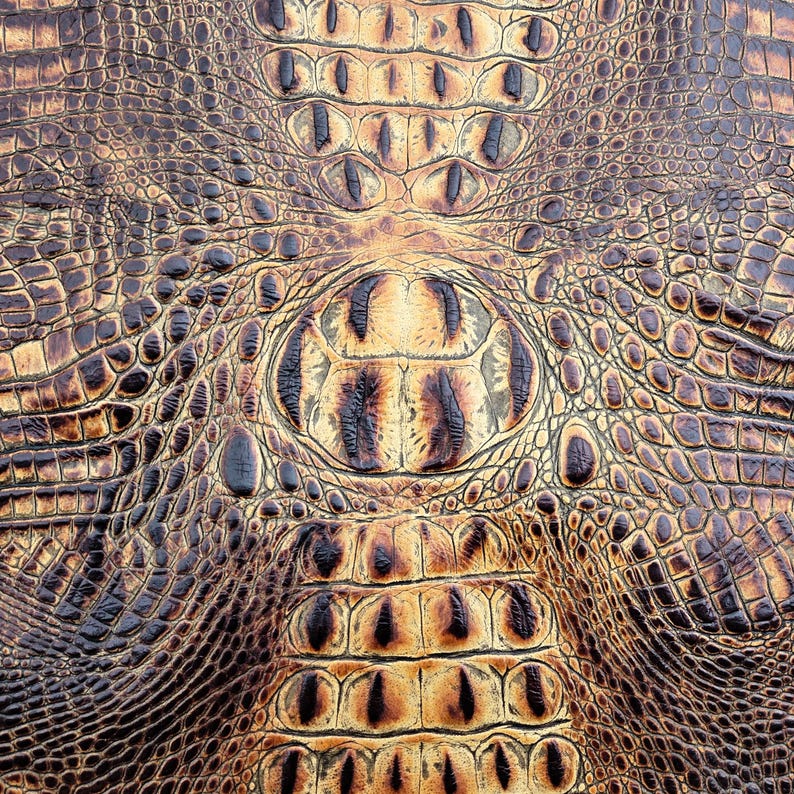 May include: Close-up of a textured, brown crocodile leather pattern. The leather displays a variety of scales and patterns, with shades of tan, brown, and black. The design is symmetrical, with a central oval shape.