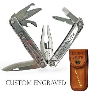 Custom Engraved Leatherman REV Multi-tool with leather pouch - Laser etched with your text or logo!