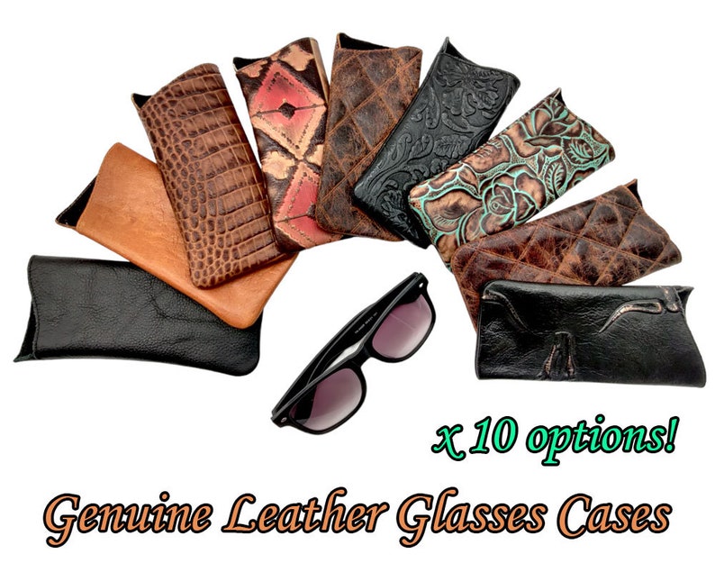 May include: Ten different styles of genuine leather glasses cases. The cases are made of various colours and textures of leather, including brown, black, and tan. The cases are all closed, and some have decorative stitching. The text "x 10 options!" is visible in the image.  Genuine Leather Glasses Cases.