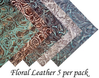 5 PIECES per pack ! Genuine Floral Embossed Leather Pieces 8x8" (20x20cm) - Perfect for Arts and Crafts - VARIOUS colours available