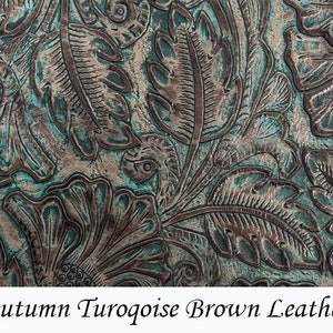 Genuine embossed leather material | Floral pattern | Turquoise & Brown - Various sizes Available