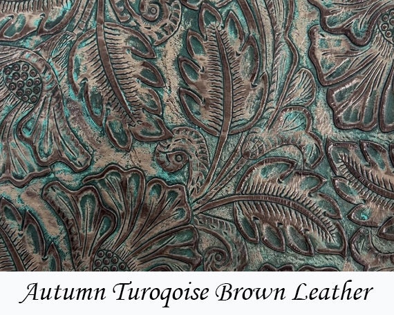 Genuine embossed leather material | Floral pattern | Turquoise & Brown - Various sizes Available