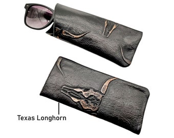 Embossed Genuine Leather Glasses Case, Texas Longhorn Sunglasses Sleeve