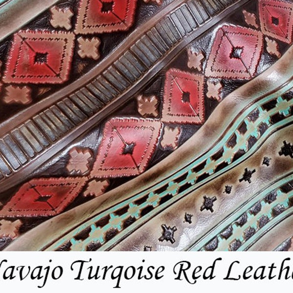 Genuine embossed Aztec leather | Navajo Turquoise and red  |  Various sizes available