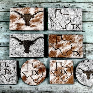 Texas state genuine cowhide velcro or sew-in Patch | laser etched | With Texas state / Longhorn design Rectangle, Circle, square - Hat patch