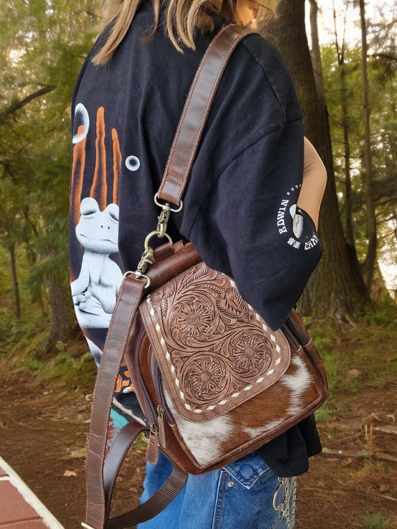 Western style cowhide and genuine leather compact backpack | small cowhide backpack | cowhide shoulder bag | cowhide purse