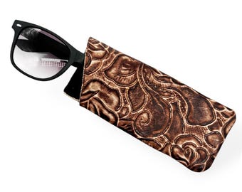 Embossed Leather Glasses Case, Handmade in Texas USA