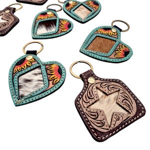 Genuine cowhide & tooled leather key chain - in 2 styles - Cattle tag or Heart shape - key ring