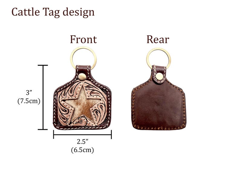 Genuine cowhide & tooled leather key chain - in 2 styles - Cattle tag or Heart shape - key ring