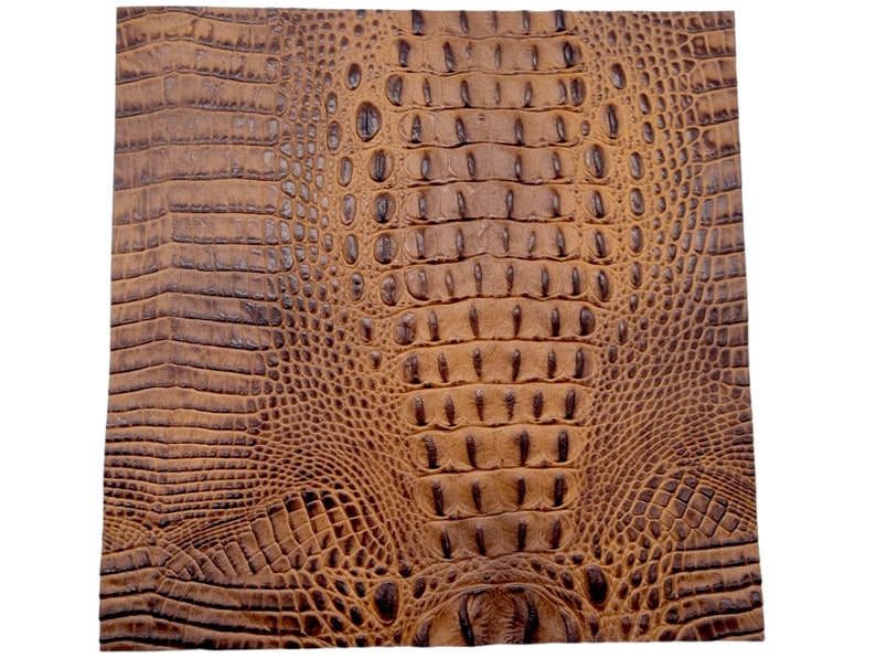 May include: Close-up of a square piece of brown faux crocodile leather. The material has a textured surface with a repeating pattern of scales and ridges, creating a realistic reptile skin appearance.