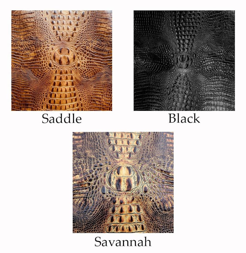 May include: Three samples of textured leather, each with a crocodile skin pattern. The colors are Saddle, Black, and Savannah. The names of the colors are written below each sample.