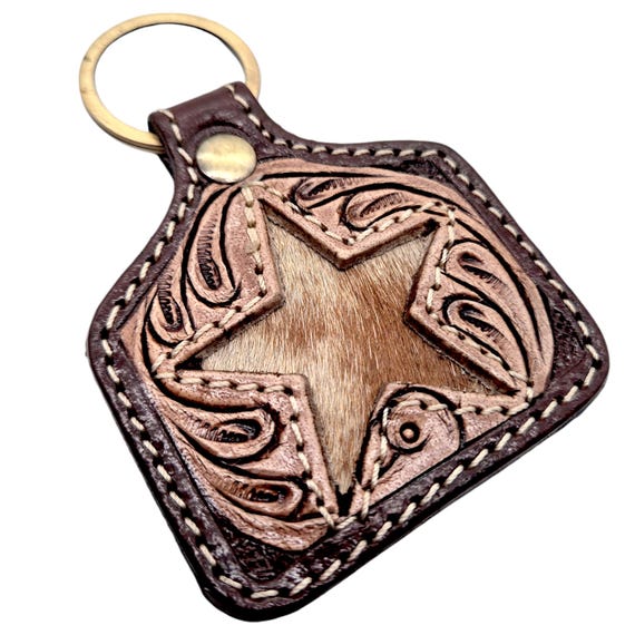 Tooled Leather Cowhide Keychain – Handmade Cattle Tag or Heart Key Ring