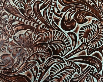 Genuine embossed leather | Floral pattern | Turquoise & Brown - Various sizes
