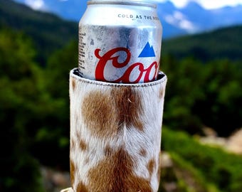 Coosie per birra in vera pelle di mucca e neoprene per lattine da 12 oz/16 oz