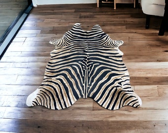 Cowhide rug | Cowhide stenciled with realistic zebra print pattern