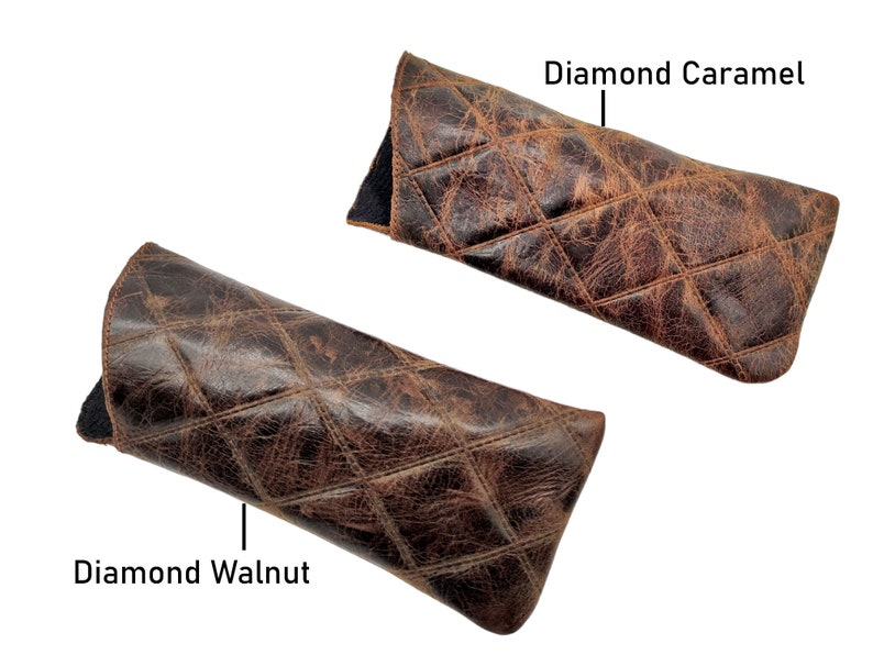 May include: Two leather eyeglass cases with a diamond quilted pattern. The case on the left is labelled "Diamond Walnut" and the case on the right is labelled "Diamond Caramel".