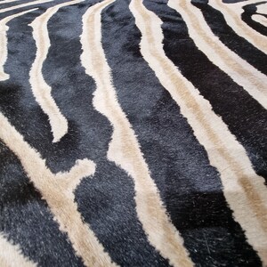 Pode incluir: Close-up de um tapete com listras de zebra. O tapete apresenta listras pretas e bege alternadas, criando um padr&atilde;o arrojado. A textura do tapete parece macia e felpuda, sugerindo uma sensa&ccedil;&atilde;o de conforto. O design lembra uma estampa animal.