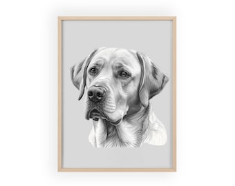 Póster con retrato realista de un labrador, enmarcado.