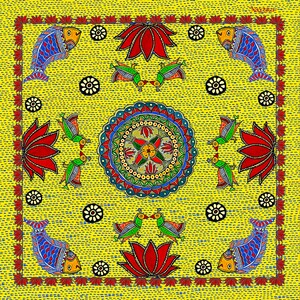 May include: A colorful folk art painting with a yellow background. The painting features a central mandala with red, blue, green, and yellow colors. The mandala is surrounded by four lotus flowers, four fish, and eight birds. The painting is framed by a border of red lotus flowers.