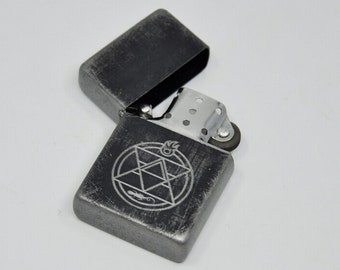 Flip Top Lighter in a case with a Full Metal Alchemist sign - transmutation cirlce of Roy Mustang