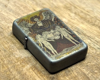 Flip Top Lighter in a case with tarrot card- the lovers.
