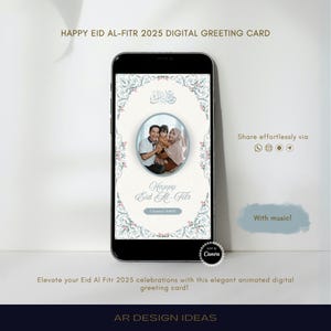 Modelo de cartão digital de felicitações personalizável para o Feliz Eid Al Fitr 2025. Cartão digital editável com foto de família Selamat Hari Raya e música.