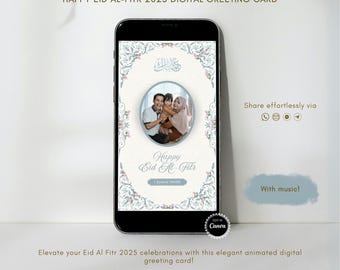 Plantilla de tarjeta de felicitación digital personalizable para el Eid al Fitr 2025. Tarjeta digital con foto familiar editable y música para celebrar el Selamat Hari Raya.