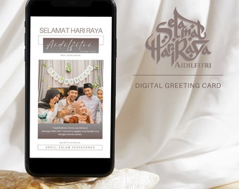 Tarjeta de felicitación digital editable Selamat Hari Raya Aidilfitri - Tarjeta Eid con foto familiar personalizada, plantilla de tarjeta digital Eid Mubarak.