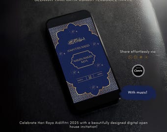 Invitación digital editable para jornada de puertas abiertas. Plantilla de invitación digital para fiesta de Eid. Invitación electrónica personalizable para Rumah Terbuka.