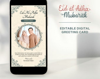 Tarjeta familiar con foto editable para Eid al-Adha: tarjeta de felicitación digital personalizada, plantilla de tarjeta digital para Eid al-Adha. Fácil de editar.