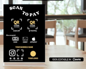 Editable Scan to Pay Sign, Editable Canva Template, QR Code Sign Template, CashApp PayPal Sign for Small Business, Venmo Payment Printable.